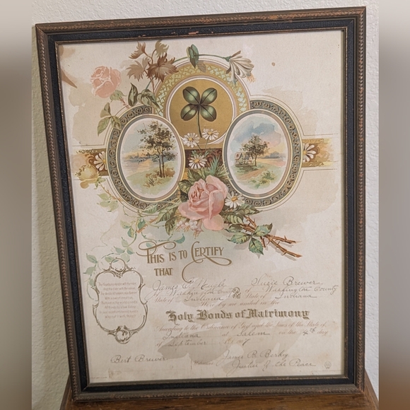 Antique Floral Framed Marriage Certificate 1907 Indiana